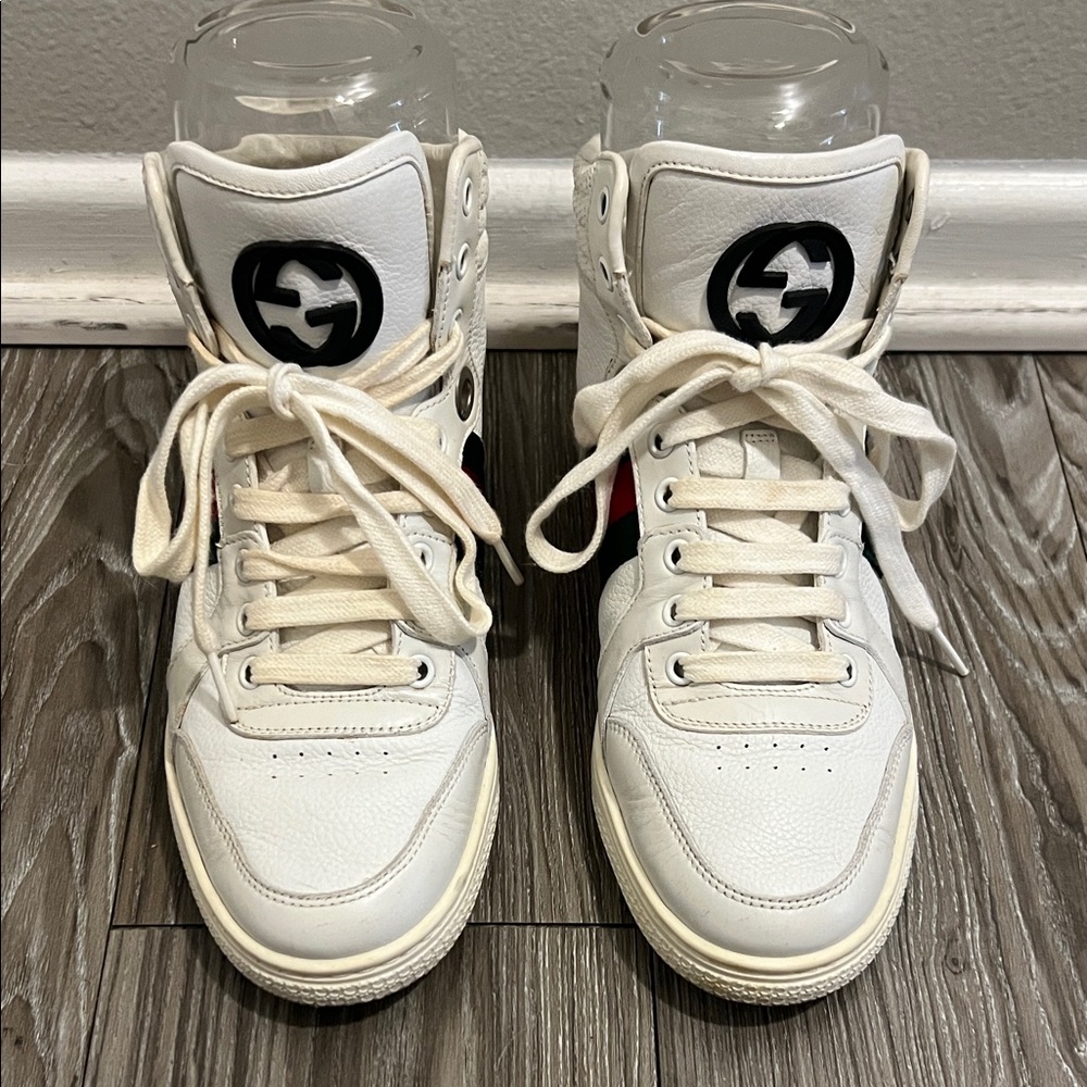 GUCCI White High-Top Sneakers with Black Logo Size 37